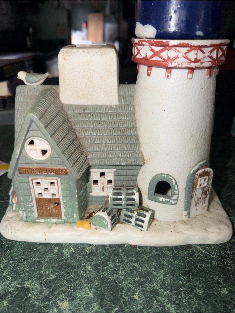 Vintage Stoney Harbor Green & White Lighthouse Decorative Figurine